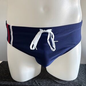 Classic Navy Men's Swim Trunks with Red Stripe